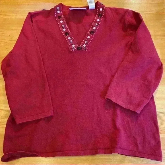 First Issue by Liz Claiborne v-neck beaded sweater women M red - Picture 2 of 7